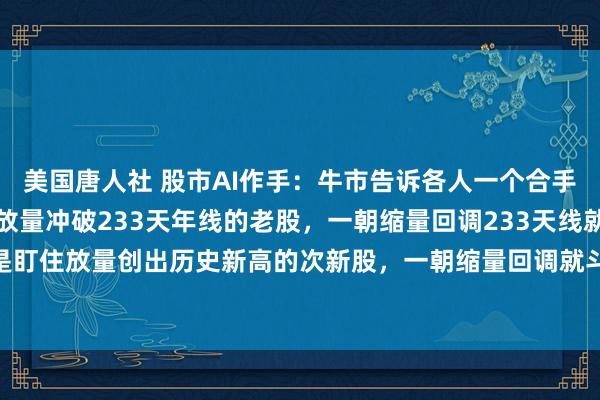 美国唐人社 股市AI作手：牛市告诉各人一个合手牛股的尺度：一是盯住放量冲破233天年线的老股，一朝缩量回调233天线就可买入。二是盯住放量创出历史新高的次新股，一朝缩量回调就斗胆买入。虽然关于次新股要是放量突...